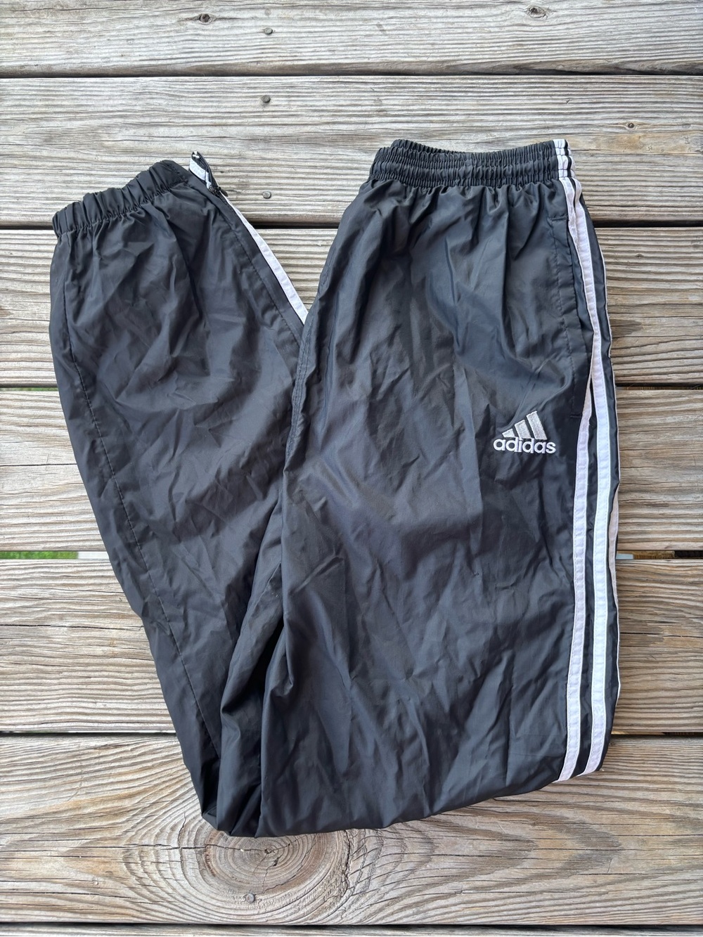 Vintage Men’s Black Adidas Nylon Track Pants with Side Stripes